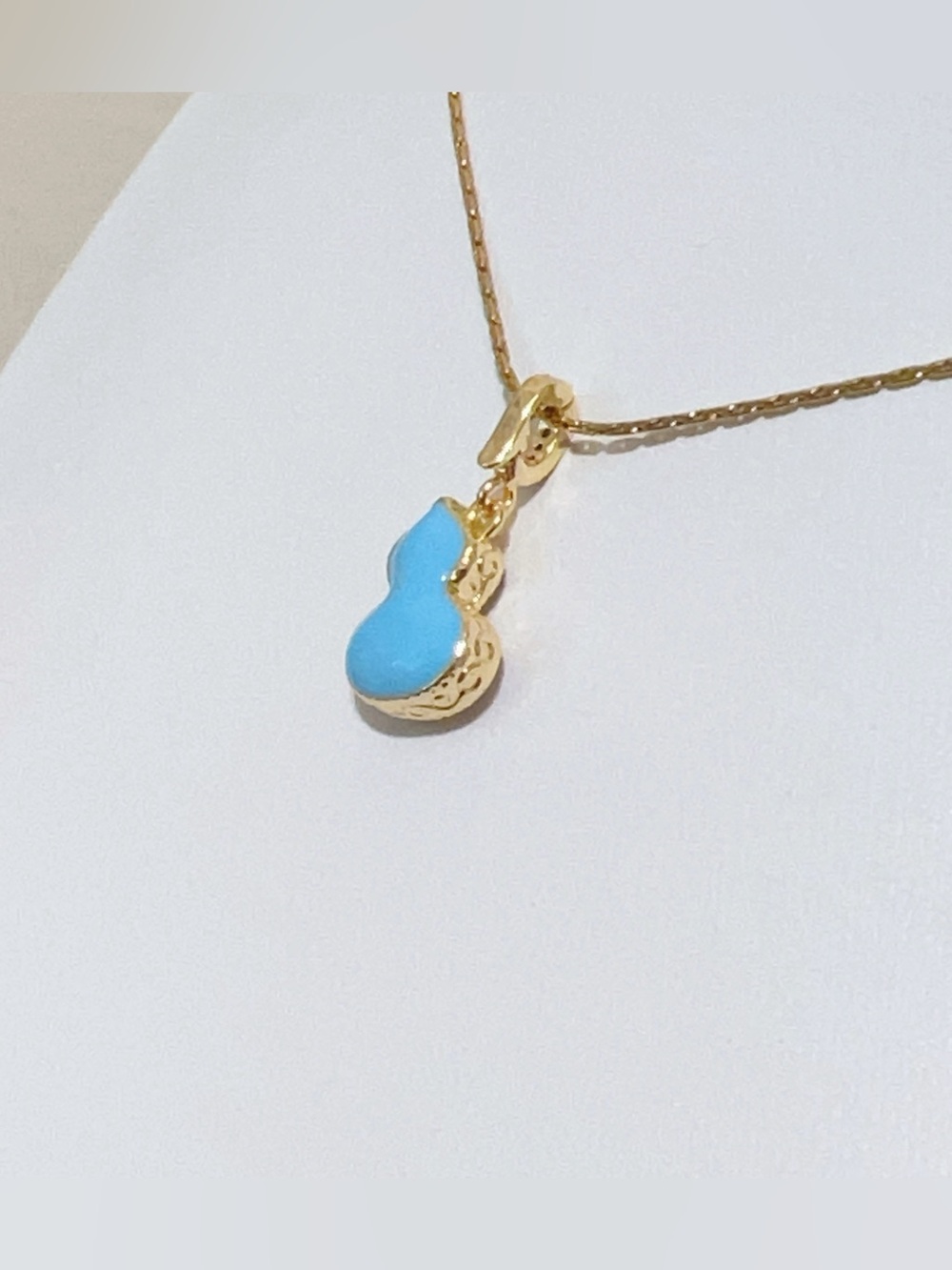 Double-Sided Dainty Gold lucky Gourd Necklace | Mother of Pearl & Blue Enamel - Picture 5 of 7
